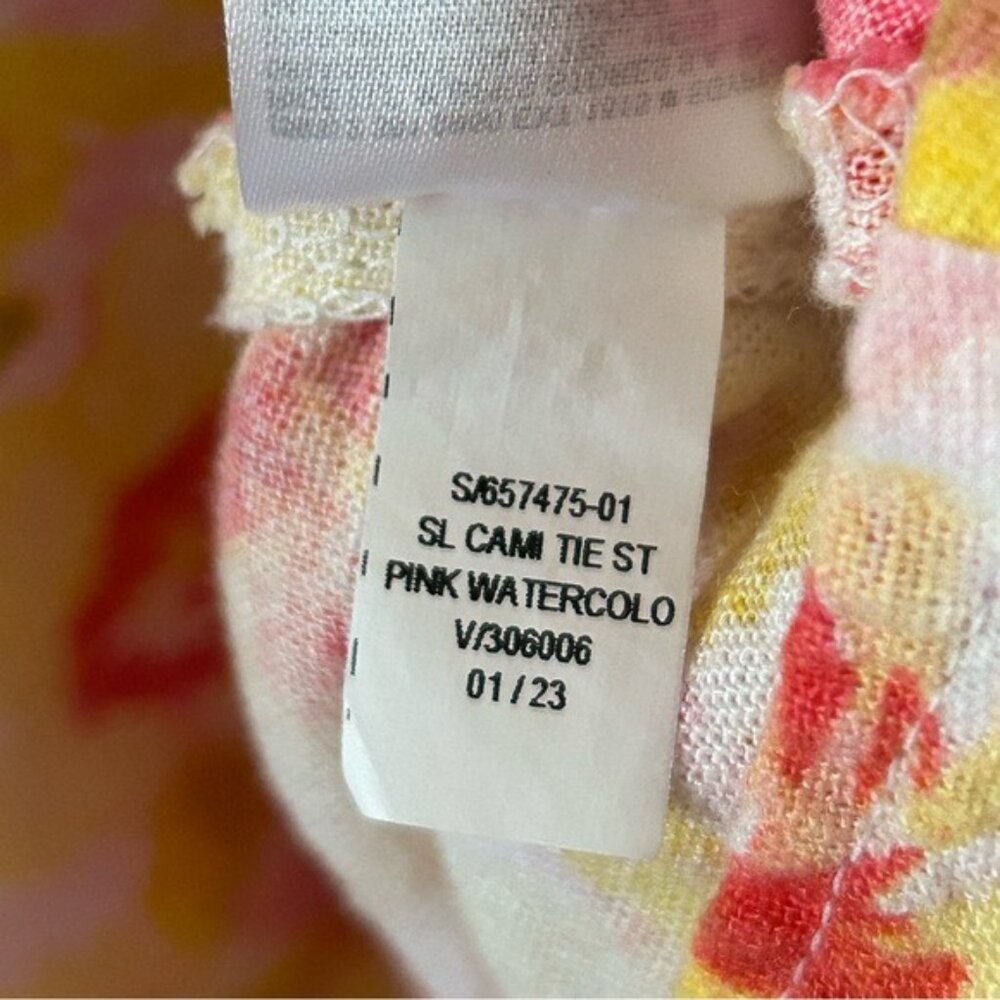 Old Navy Sz Small Yellow Pink Floral Mini Dress Tie Straps Linen Blend Pockets - Picture 14 of 15